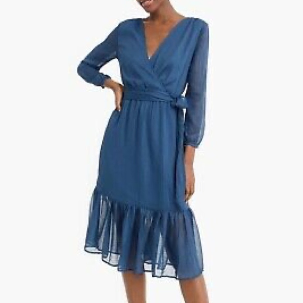 J Crew Point Sur Faux Wrap Crinkle Chiffon Metallic Dress